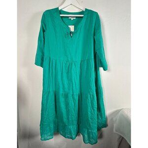 One Summer Womens Amber Dress Large  Jade Green Cotton Tiered 3/4 Sleeve New